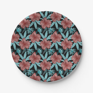 Plato De Papel Flores rojas trópicas sin costuras y hojas azules