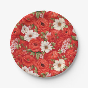 Plato De Papel Flores rojas y blancas amamullas