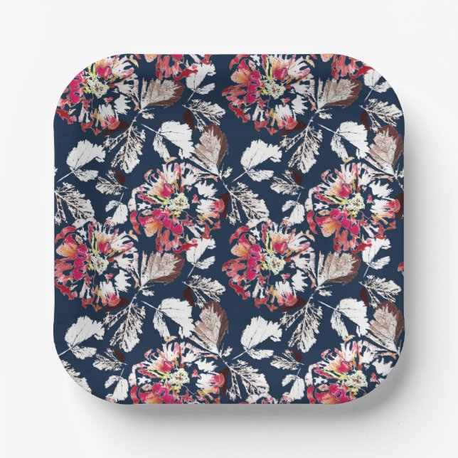 Plato De Papel Flores rojas y blancas en azul. (Anverso)