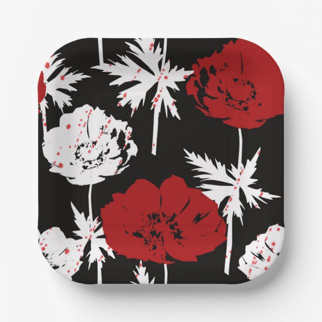 Plato De Papel Flores rojas y blancas en negro. (Anverso)