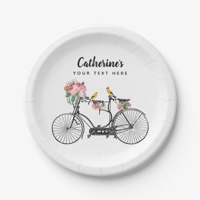 Plato De Papel Flores románticas de bicicleta veneciana pájaros (Anverso)