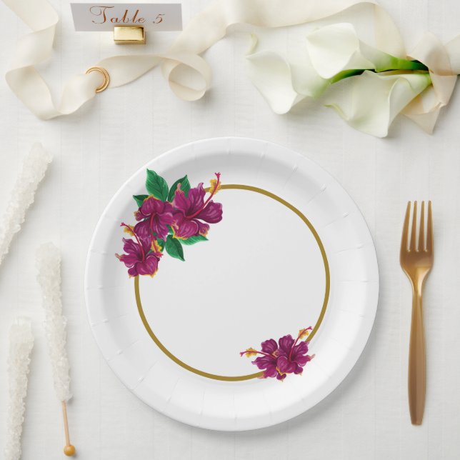 Plato De Papel flores románticas de hibisco botánico (Boda)