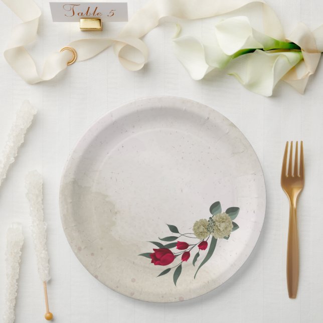 Plato De Papel flores románticas rojas y amarillas pálidas (Boda)