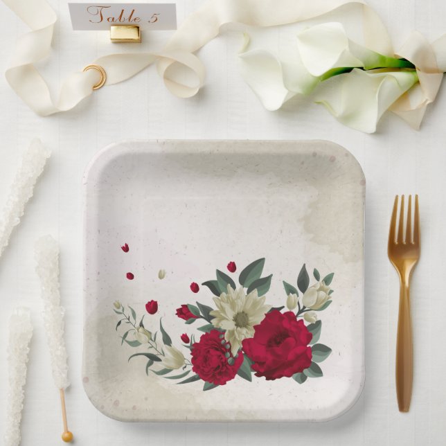Plato De Papel flores románticas rojas y amarillas pálidas (Boda)