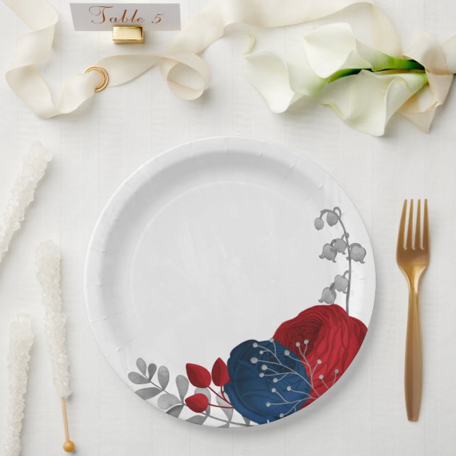 Plato De Papel flores románticas rojas y navales botánico platead (Boda)