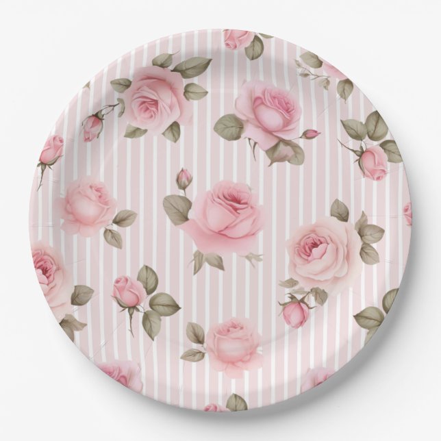 Plato De Papel Flores romanticas rosadas duchas de novia (Anverso)