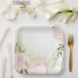 Plato De Papel Flores rosa boho hojas verdes botánicas