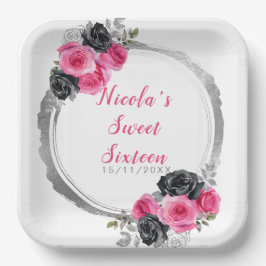 Plato De Papel Flores rosa caliente y plateadas elegantes 16 dulc
