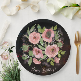 Plato De Papel Flores rosa color de agua en negro