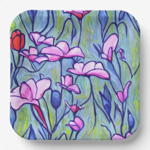 Plato De Papel Flores rosa color de agua pastel