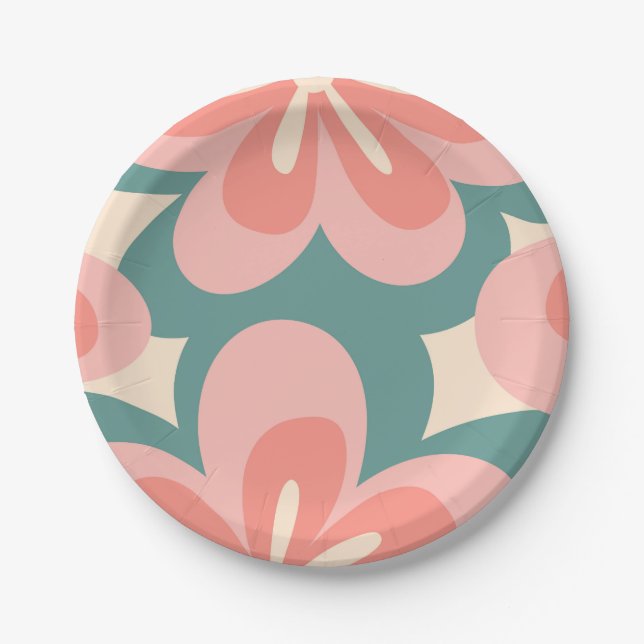 Plato De Papel Flores rosa y turquesa de estilo retro (Anverso)
