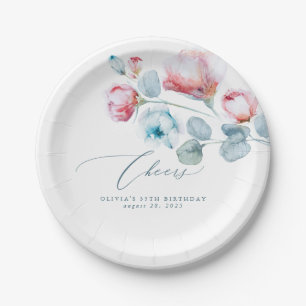 Plato De Papel Flores rosadas azul polvoriento elegantes romántic
