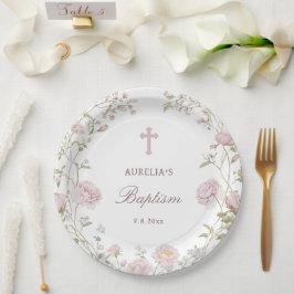 Plato De Papel Flores Rosadas Bautizo