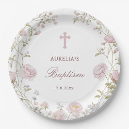 Plato De Papel Flores Rosadas Bautizo