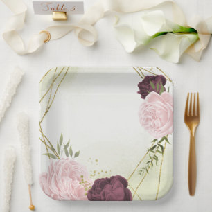 Plato De Papel flores rosadas cabernet vegetación boda