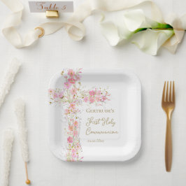 Plato De Papel flores rosadas cruz Primera Comunión