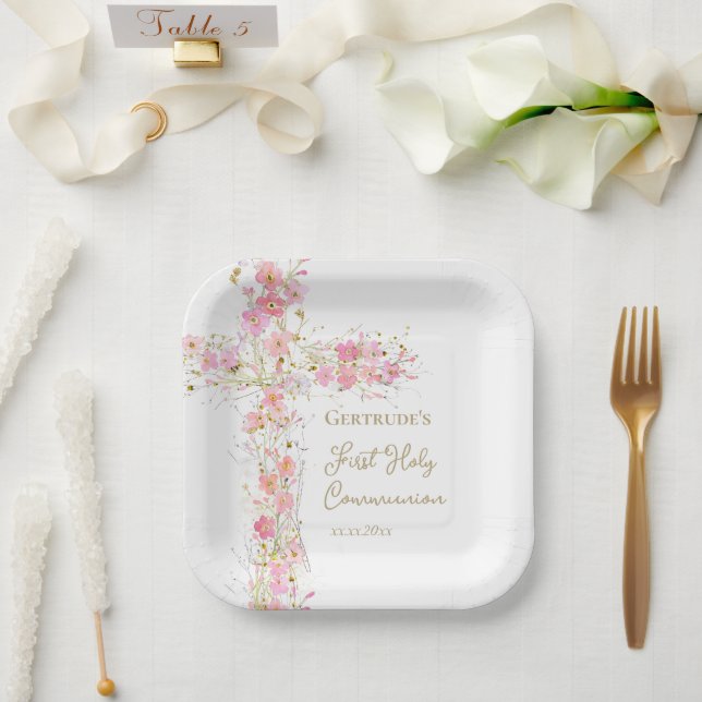 Plato De Papel flores rosadas cruz Primera Comunión (Boda)