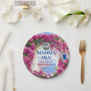 Plato De Papel Flores rosadas de acuarela baldosas azules bola de