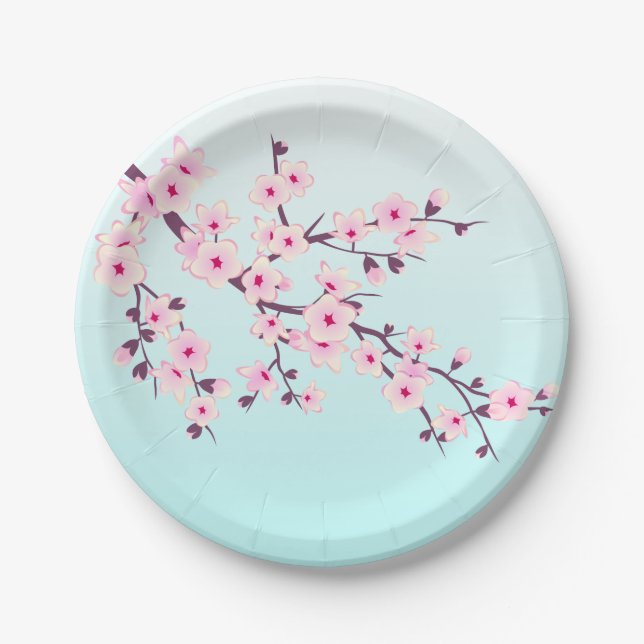 Plato De Papel Flores rosadas de cerezo turquesa lindas (Anverso)