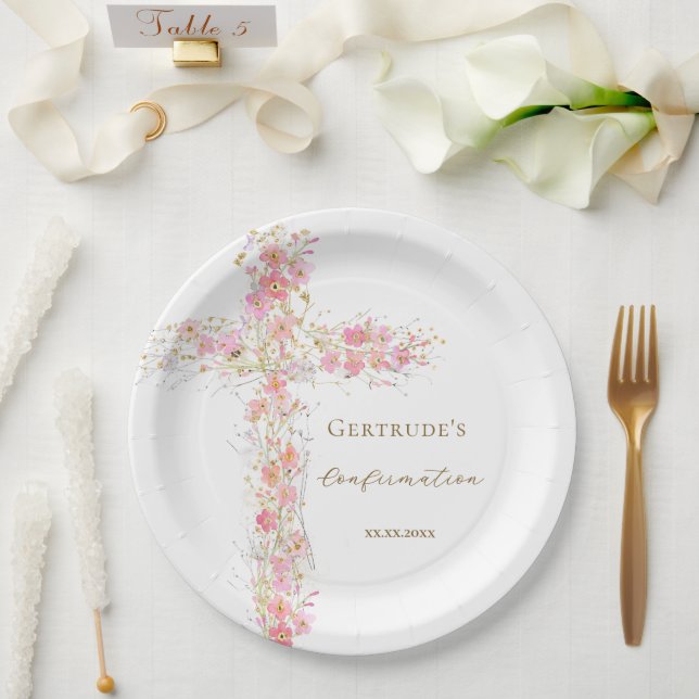 Plato De Papel flores rosadas de confirmación cruz (Boda)