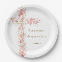 Plato De Papel flores rosadas de confirmación cruz