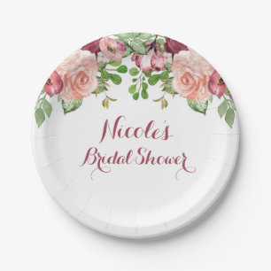 Plato De Papel Flores Rosadas de Marsala Bridal Shower Floral Ele