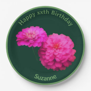 Plato De Papel Flores rosadas de zinnia personalizan fiesta de cu