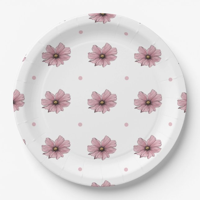 Plato De Papel Flores rosadas delgadas con puntos de polka (Anverso)