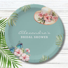 Plato De Papel Flores rosadas en la playa Ducha tropical azul de 