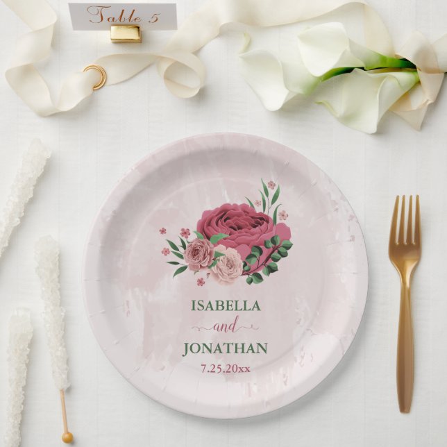 Plato De Papel flores rosadas hojas verdes boda (Boda)