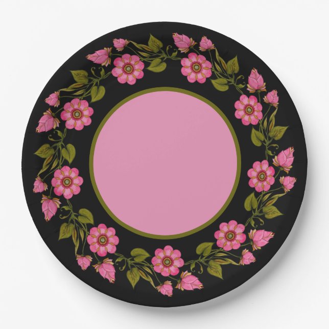 Plato De Papel Flores rosadas | Placa de papel (Anverso)