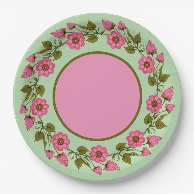 Plato De Papel Flores rosadas | Placa de papel (Anverso)