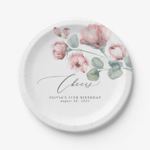 Plato De Papel Flores rosadas polvorientas elegantes románticas
