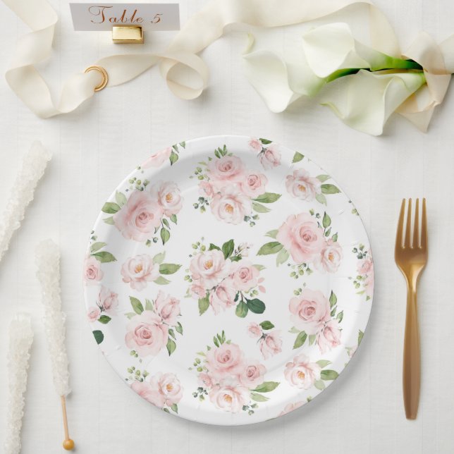 Plato De Papel Flores rosadas, rosas rosadas, flores acuáticas (Boda)