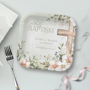 Plato De Papel Flores rosadas sonrojadas cruz de madera bautizo v
