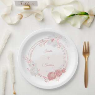Plato De Papel flores rosadas y blancas boda botánica