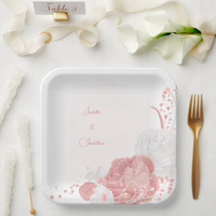 Plato De Papel flores rosadas y blancas boda botánica