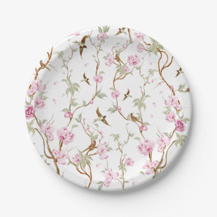 Plato De Papel flores rosadas y hojas verdes