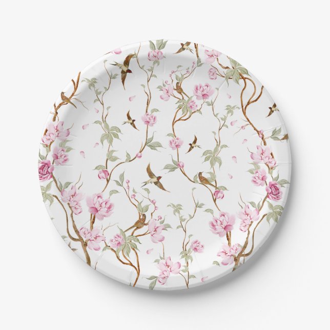 Plato De Papel flores rosadas y hojas verdes (Anverso)