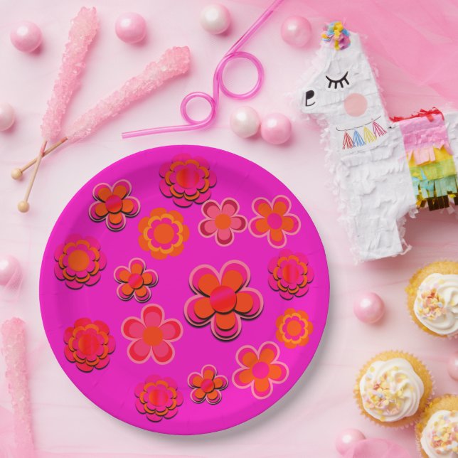 Plato De Papel Flores rosadas y Naranjas calientes (Fiesta)