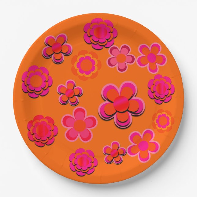 Plato De Papel Flores rosadas y Naranjas calientes (Anverso)