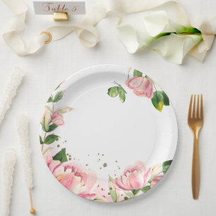 Plato De Papel flores rosas calientes hojas verdes mariposas