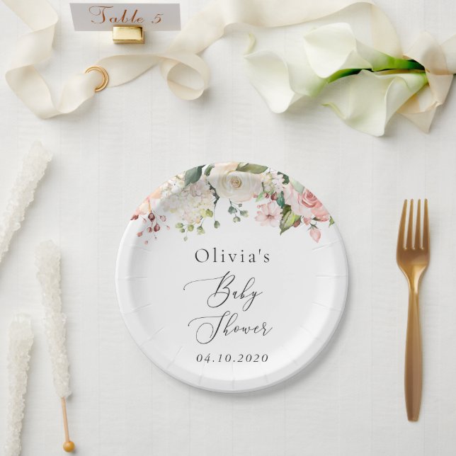 Plato De Papel Flores rosas, flores blancas, boho, Baby Shower (Boda)