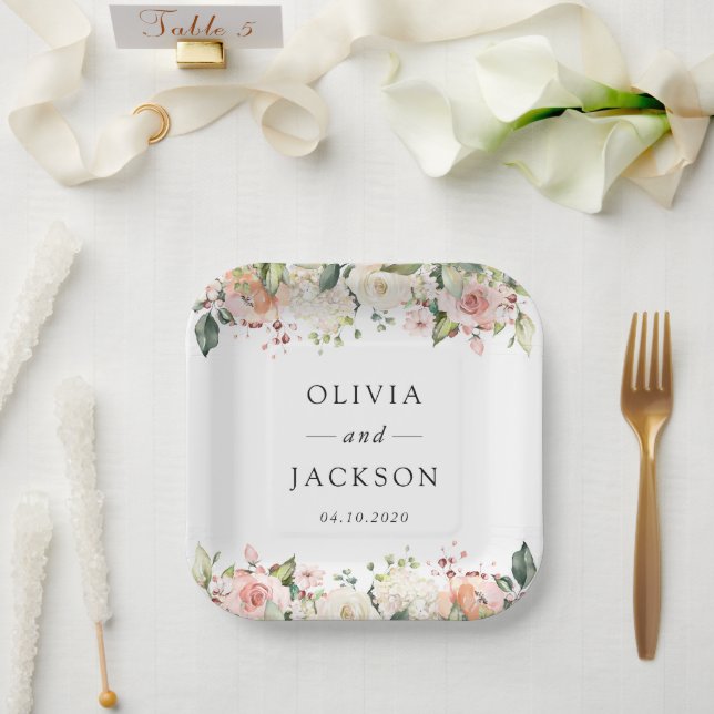 Plato De Papel Flores rosas, flores blancas, vegetación, Boda (Boda)