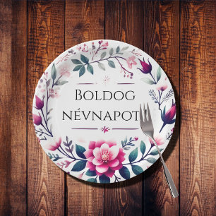 Plato De Papel Flores rosas - Nombre húngaro Día Placas de papel