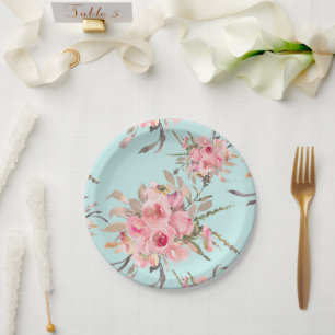Plato De Papel Flores rosas Rubor en azul claro