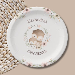 Plato De Papel Flores rosas Rubor Woodland Owl Baby Shower