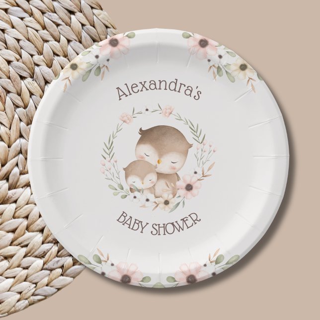 Plato De Papel Flores rosas Rubor Woodland Owl Baby Shower (Subido por el creador)