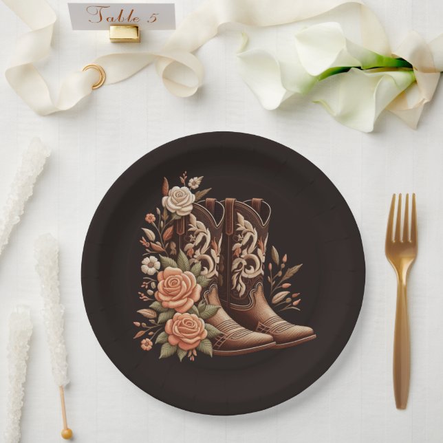 Plato De Papel Flores rurales occidentales con boots de vaquero (Boda)