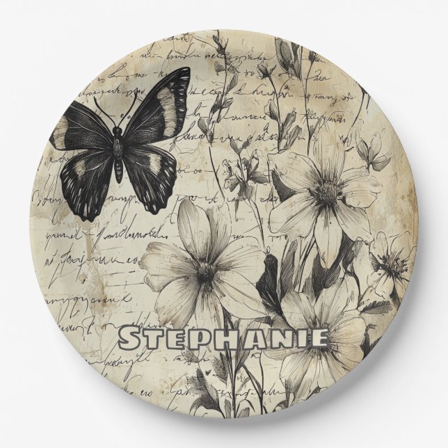 Plato De Papel Flores rusticas y mariposa - Papel de edad (1) (Anverso)